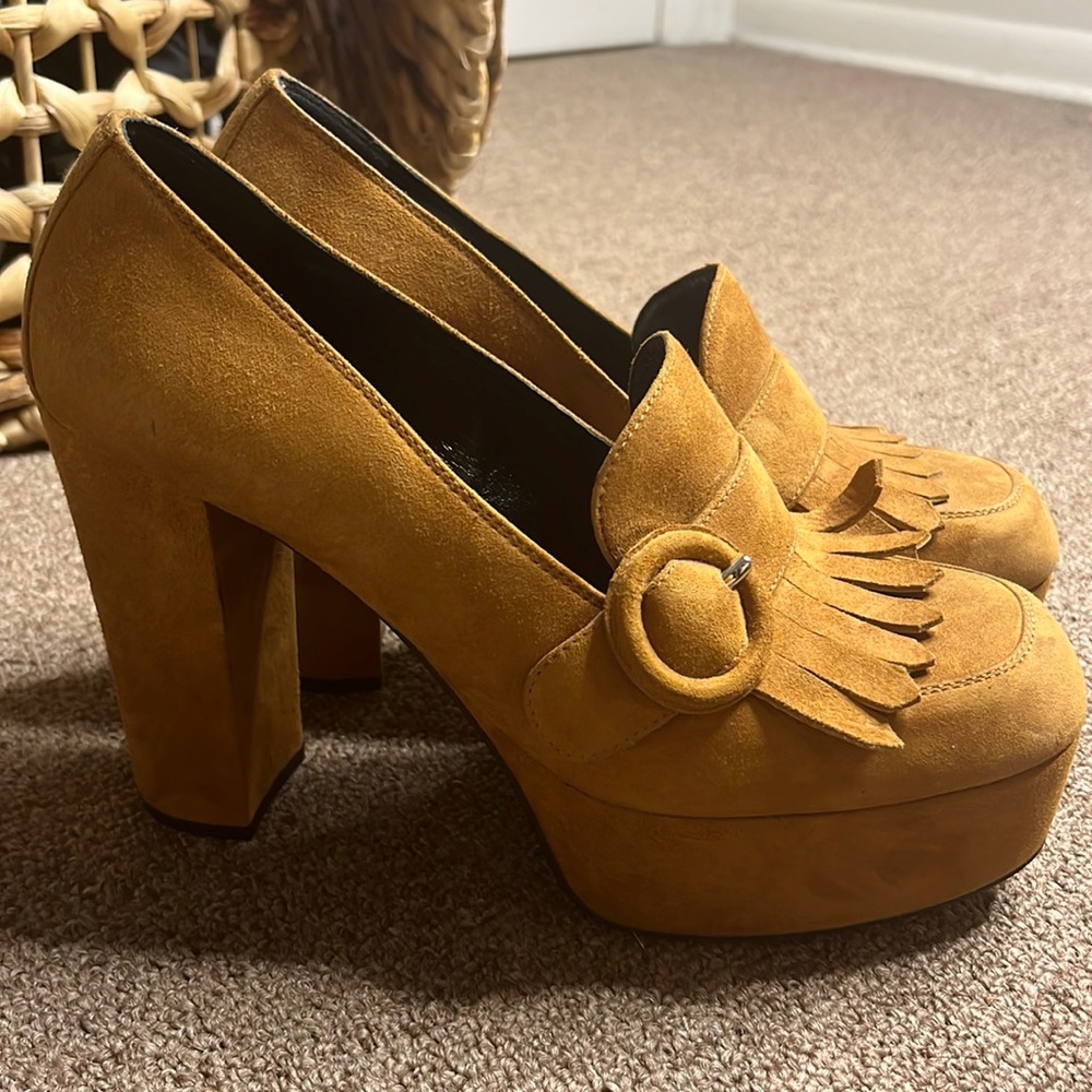 Prada Suede Fringe Trim Accent Pumps